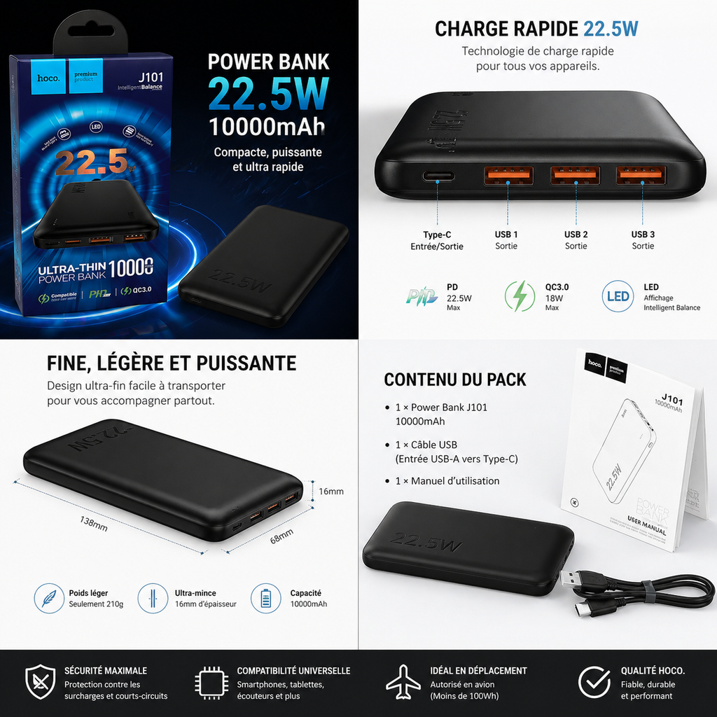 Ne tombe plus jamais en panne 🔋 | Power Bank hoco 10000mAh charge rapide 22.5W